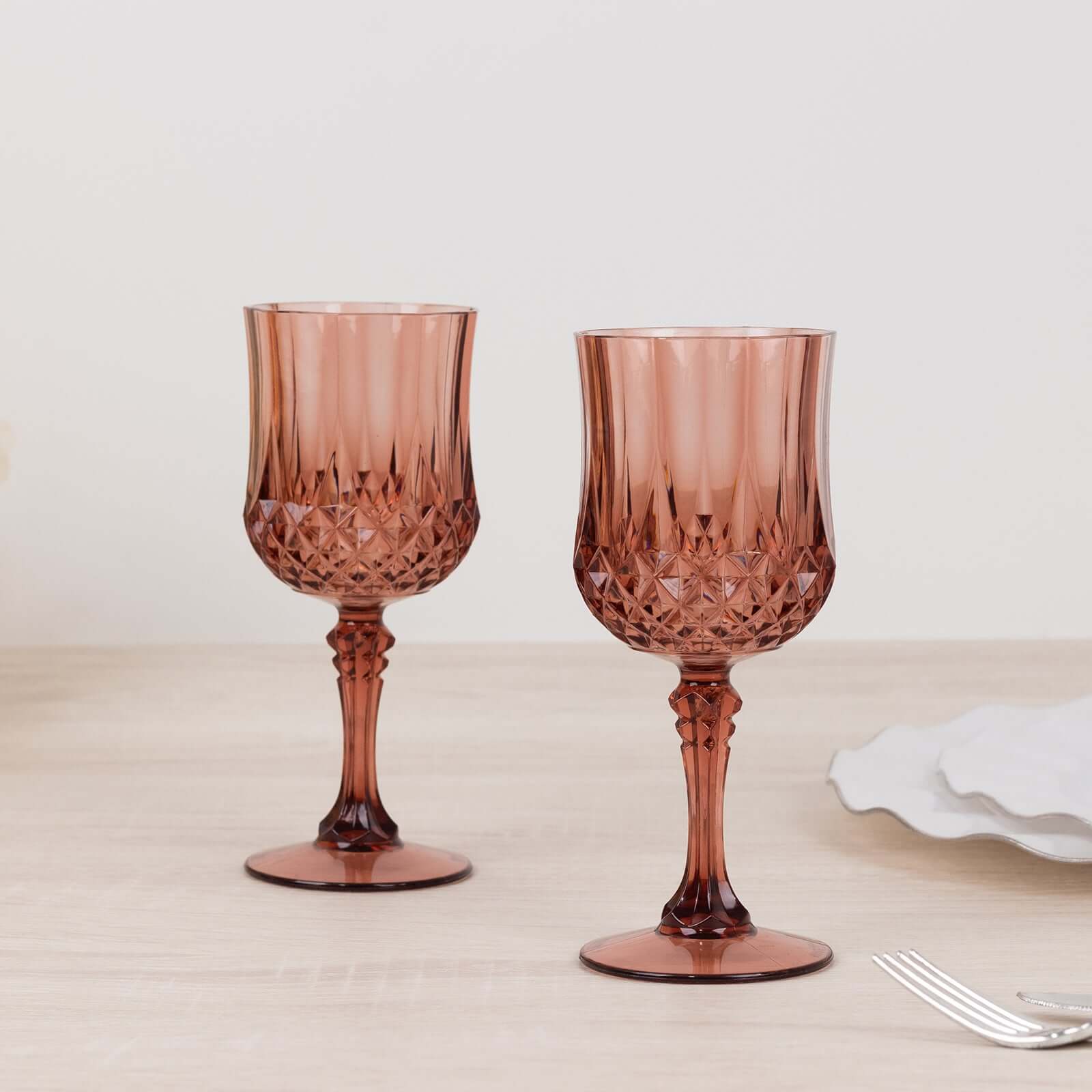 6-Pack Transparent Plastic Crystal Cut Wine Glasses 8oz, Dusty Rose - Shatterproof Cocktail Goblets - Pack of 6 Glasses